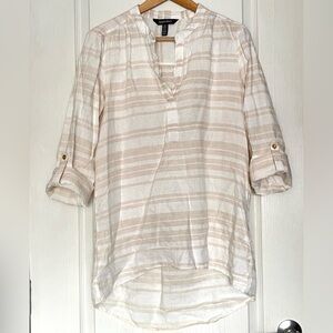 Ellen Tracy 100% Linen White Striped Popover Tunic Blouse Sz M Coastal Grandma